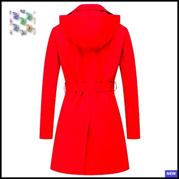 Classic Double-Breasted Trench Coat Slim Fit Detachable Hood Water-Repellent